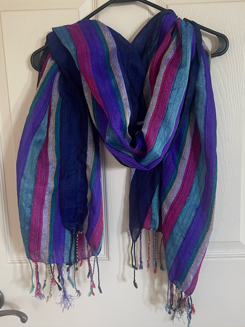 Vibrant Multi Striped Winter Scarf with Fringed Ends